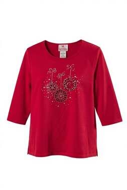 Quacker Factory Red Christmas Tree Sequin Bling 3/4 Sleeve Top Size Small